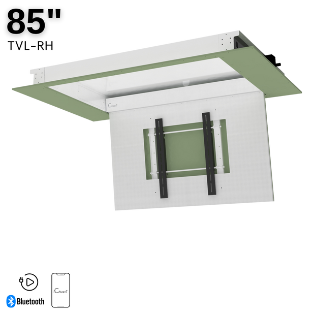 Ceiling mount TV hidden with dimensions and Bluetooth connectivity indicator on a white background